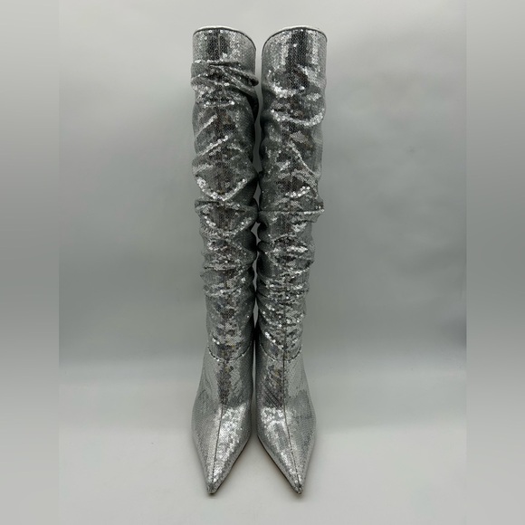 Michael Kors Luna Sequin Boots Silver Pointed Toe Slouchy Heels Women’s 6.5M NIB - Picture 6 of 15